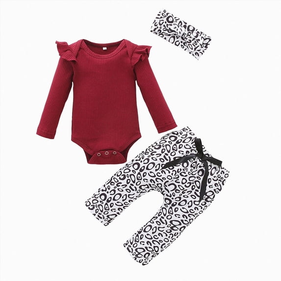 TOWED22 Newborn Baby Girl Fall Winter Clothes 3-Piece Outfits Set Long Sleeve Round Neck Bodysuit Romper Ribbed Pants Headband Set(Wine,9-12 M)