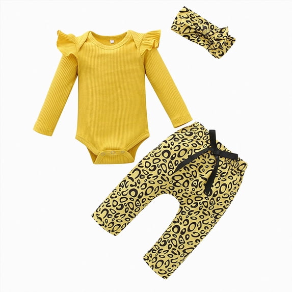 TOWED22 Newborn Baby Girl Fall Winter Clothes 3-Piece Outfits Set Long Sleeve Round Neck Bodysuit Romper Ribbed Pants Headband Set(Yellow,0-3 M)