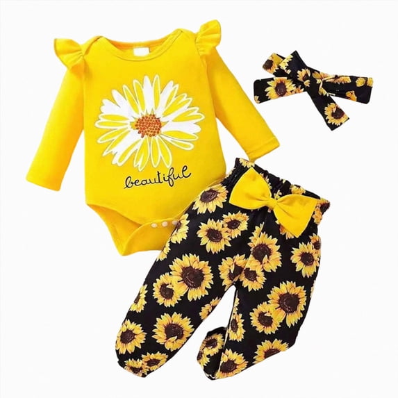 TOWED22 Newborn Baby Girl Fall Winter Clothes Infant Girls Outfits Ribbed Ruffled Long Sleeve Romper Bodysuit Pants Headband Set,0-3 M