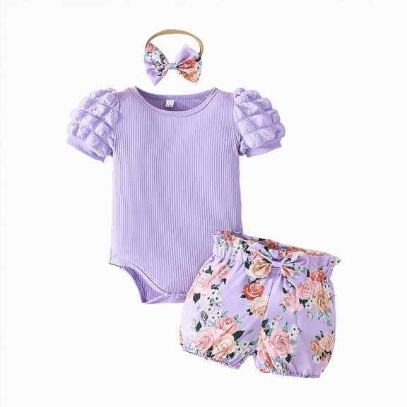 TOWED22 Newborn Baby Girl Outfit Letter Print Short Sleeve Bodysuit Romper Shirt Bloomers Shorts Set Summer Clothes(Light Purple,12-18 M)