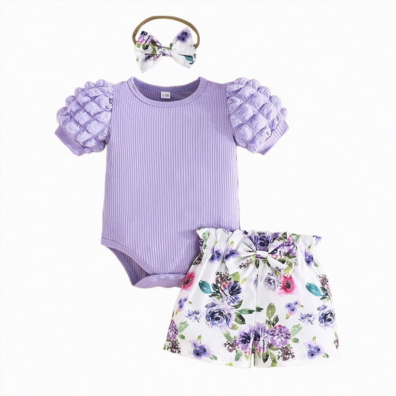 TOWED22 Newborn Baby Girl Outfit Letter Print Short Sleeve Bodysuit Romper Shirt Bloomers Shorts Set Summer Clothes(Purple,6-9 M)