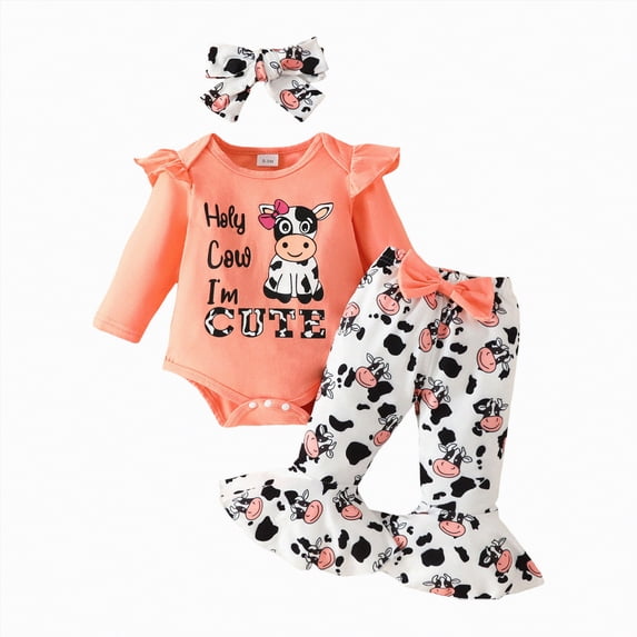 TOWED22 Newborn Baby Girl Outfits Flower Ribbed Ruffle Long Sleeve Romper Pant Headband 3Pcs Infant Fall Winter Clothes Set(Orange,6-9 M)