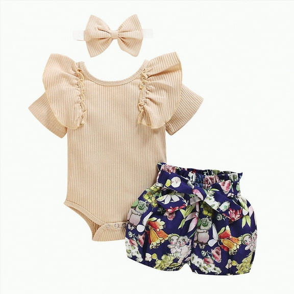 TOWED22 Newborn Infant Baby Girl Summer Clothes Ruffle Sleeve Letter Print Romper Peach Bloomer Short Headband 3Pcs Outfit(Beige,6-12 M)