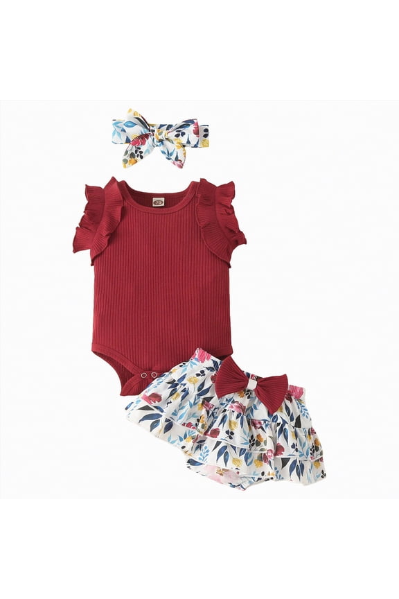 Newborn Infant Girl Clothes Rib Knit Romper Daisy Print Shorts Headband Baby Summer Clothes 0 3 6 12 18 24 Months Wine,12-18 M