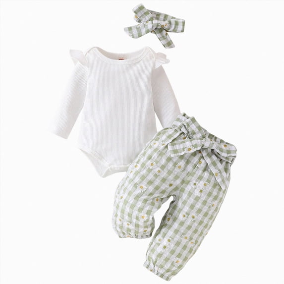 TOWED22 Newborn Infant Girl Fall Winter Clothes 3-Piece Set Long Sleeve Round Neck Romper Jumpsuit Ribbed Pants Headband Outfits Set(Light Green,18-24 M)