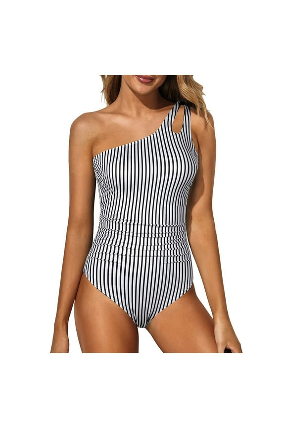 One Piece Swimsuit for Women One Shoulder Keyhole Bathing Suits Swim Top with Bottom Modest Swimwear(Grey-01,M)