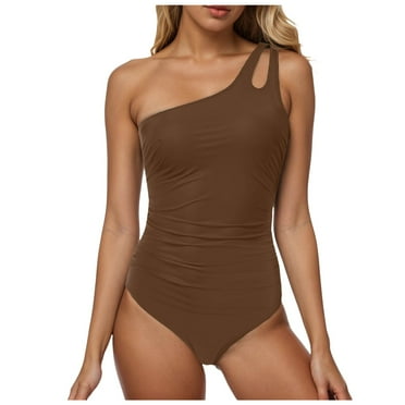 TOWED22 One Shoulder One Piece Swimsuit for Women Tummy Control Keyhole Bathing Suits Swim Top with Bottom Modest Swimwear（Coffee,L）