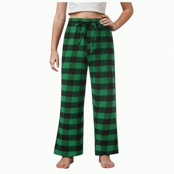 TOWED22 Pajama Pants for Boys Girls, Thick Flannel Kids Plaid Pajamas Lounge Pj Bottoms with Drawstring Pockets for Sleepwear(Green,11-12 Y)