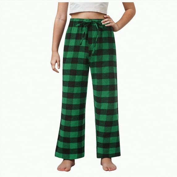 TOWED22 Pajama Pants for Boys Girls, Thick Flannel Kids Plaid Pajamas Lounge Pj Bottoms with Drawstring Pockets for Sleepwear(Green,11-12 Y)