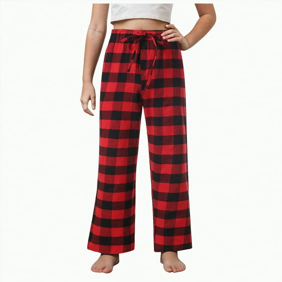 TOWED22 Pajama Pants for Boys Girls, Thick Flannel Kids Plaid Pajamas Lounge Pj Bottoms with Drawstring Pockets for Sleepwear(Red,13-14 Y)
