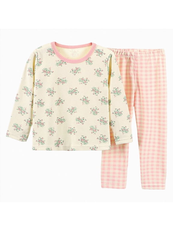 Pajamas For Kids Little Girls Pajamas Cute Graphic Cotton 2 Piece Train Toddler Sleepwear Fall Winter Clothes Set,Light Pink,6-7 Y