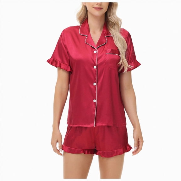 TOWED22 Pajamas for Women Set Button Up Pjs Short Sleeve Ruffle Sleepwear Notch Collar Bride Soft Pj Lounge Sets(Red,M)