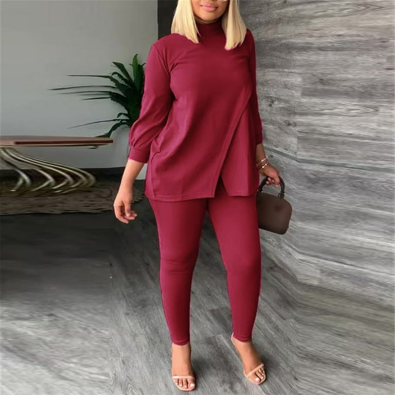 Women Clothing Ribbed Long Sleeve Crop Top + Wide Leg Pants Two