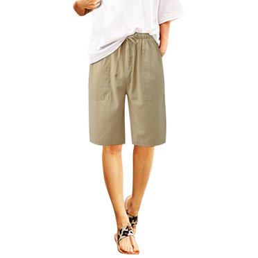Women's Elastic Waist Bermuda Shorts - Knee Length Comfort Shorts With Pockets 8 Colors