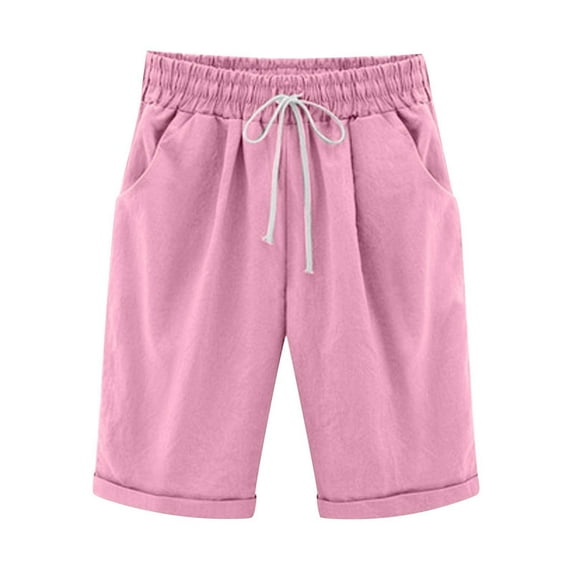 TOWED22 Plus Size Bermuda Shorts for Women Knee Length Casual Summer Cotton Elastic Waist Curling with Drawstring Running Gym Sports Athletic Shorts for Womens(Pink,S)