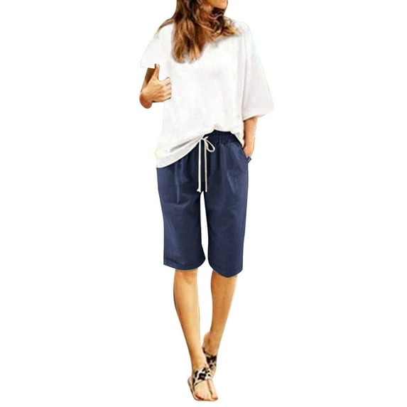 TOWED22 Plus Size Bermuda Shorts for Women Cotton Linen Fashion Drawstring Elastic Waist Solid Color Lounge Shorts(Dark Blue,4XL)