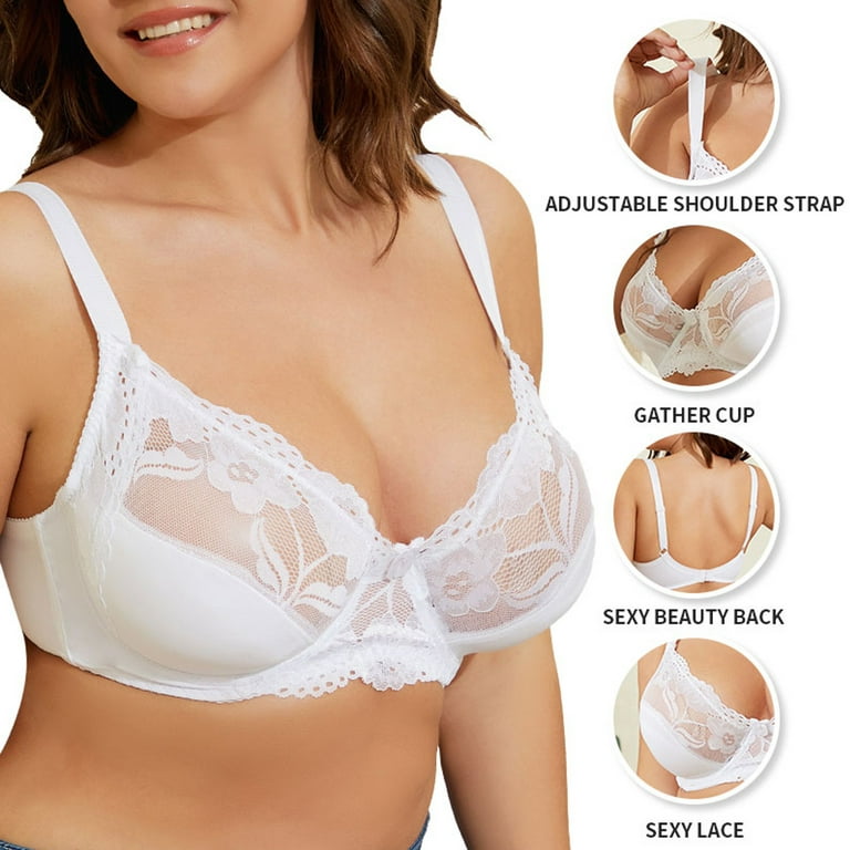 TOWED22 Plus Size Bras for Women,Women’s Lace Back Push Up Bra Front  Closure T-Shirt Padded Bra Racerback Underwire White,40