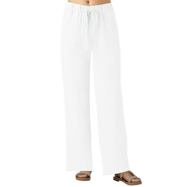 TOWED22 Plus Size Womens Pants,Casual Solid Cotton Linen Drawstring Elastic Waist Long Wide Leg Pants(White,XXL)