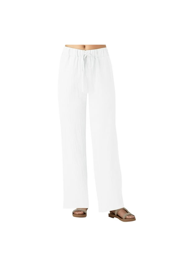 Plus Size Womens Pants,Casual Solid Cotton Linen Drawstring Elastic Waist Long Wide Leg Pants(White,XXL)