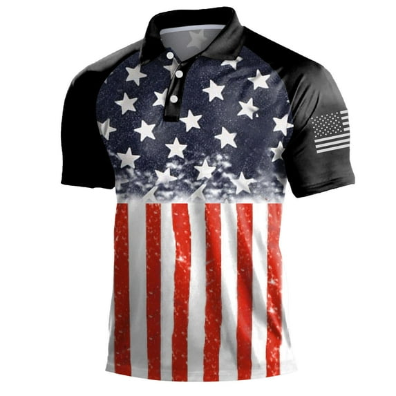 TOWED22 Polo Shirts for Men Summer American Flag Printed T Shirt Turn Collar Short Sleeve Tops T Shirt Mens Shirt(Black,XL)