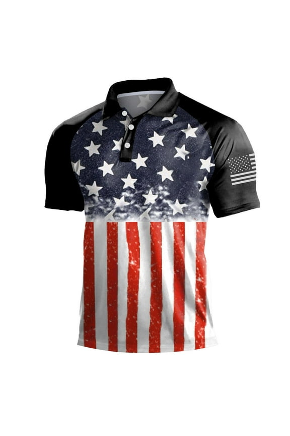 Polo Shirts for Men Summer American Flag Printed T Shirt Turn Collar Short Sleeve Tops T Shirt Mens Shirt(Black,XL)