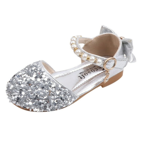 TOWED22 Princess Shoes for Girls Flower Girls Dress Wedding Party Crystal high Heels Toddler Shoes Flats(Silver,11 Little Kids)