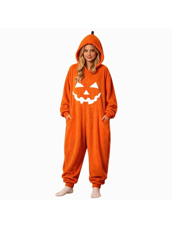 Pumpkin Onesie Plus Size Halloween Costumes for Women Men Pumpkin Pjs Cozy Home Loungewear Pajamas Onesie Adults(Orange,L)