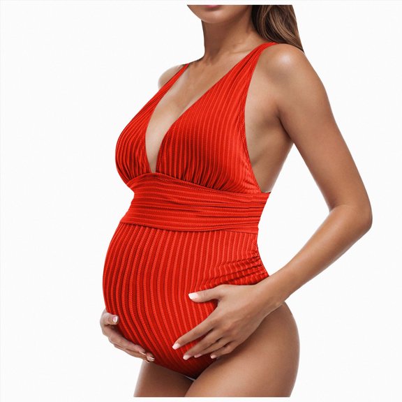 TOWED22 Ruffle Maternity Bathing Suits for Women Ribbed Tie Knot Maternity Swimsuit Cutout Ruched Pregnancy Swimwear(Z04-RD1,S)
