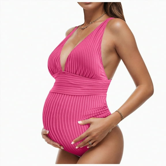 TOWED22 Ruffle Maternity Bathing Suits for Women Ribbed Tie Knot Maternity Swimsuit Cutout Ruched Pregnancy Swimwear(Z04-RD2,M)