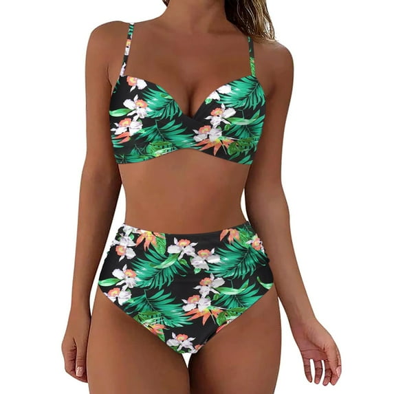 TOWED22 Ruffle V Neck Two Piece Swimsuits for Women, High Waisted Sexy Bathing Suits Women's Bikini Set Ladies Swimwear(Green,XXL)