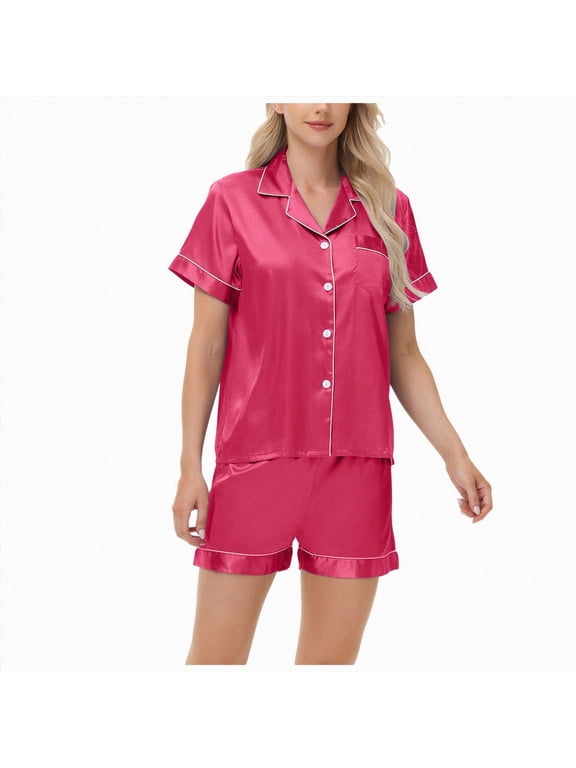 Satin Pajamas for Women Silk Pjs Short Set 2 Piece Button Up Lounge Sets Short Sleeve Sleepwear(Hot Pink,M)