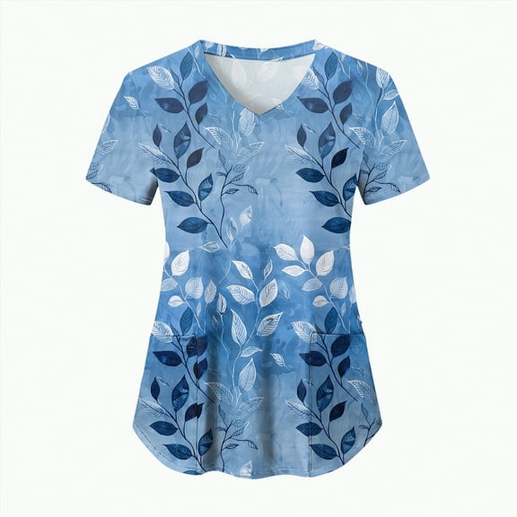 TOWED22 Scrub Tops Women Short Sleeve Plus Size V-Neck Fun Printed Scrubs Top Medical Nursing Uniforms with Pockets(Blue,XXL)