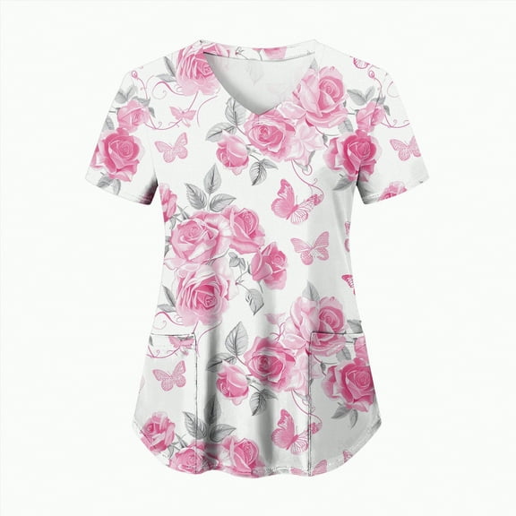 TOWED22 Scrub Tops Women Short Sleeve Plus Size V-Neck Fun Printed Scrubs Top Medical Nursing Uniforms with Pockets(Hot Pink,XXXL)