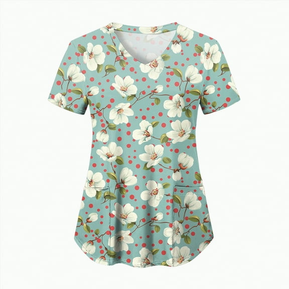 TOWED22 Scrub Tops Women Short Sleeve Plus Size V-Neck Fun Printed Scrubs Top Medical Nursing Uniforms with Pockets(Mint Green,XXL)