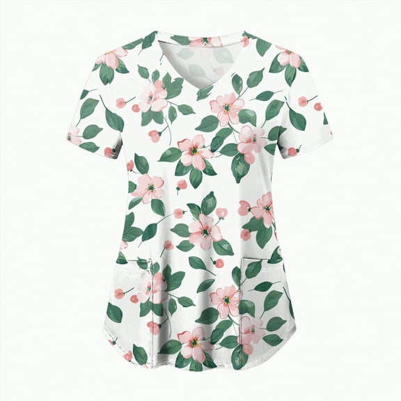 TOWED22 Scrub Tops Women Short Sleeve Plus Size V-Neck Fun Printed Scrubs Top Medical Nursing Uniforms with Pockets(White,XXL)