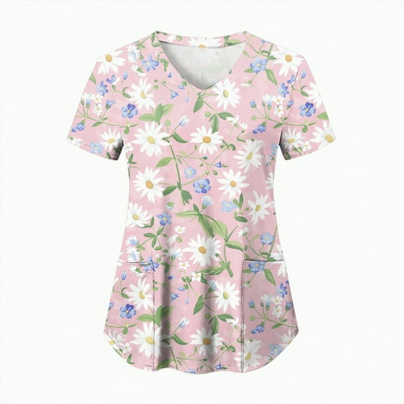 TOWED22 Scrub Tops for Women Plus Size Stretch V Neck Short Sleeve Shirt Nursing Medical Uniform with Pockets(Pink,XL)