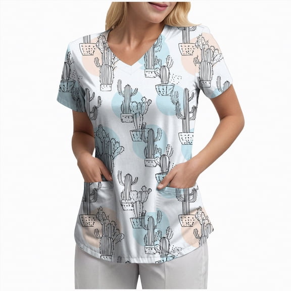 TOWED22 Scrub Tops for Women Stretchy Vneck Short Sleeve Cute Floral Printed Holiday Nursing Pocketed Working Uniforms(Light Blue,XXL)
