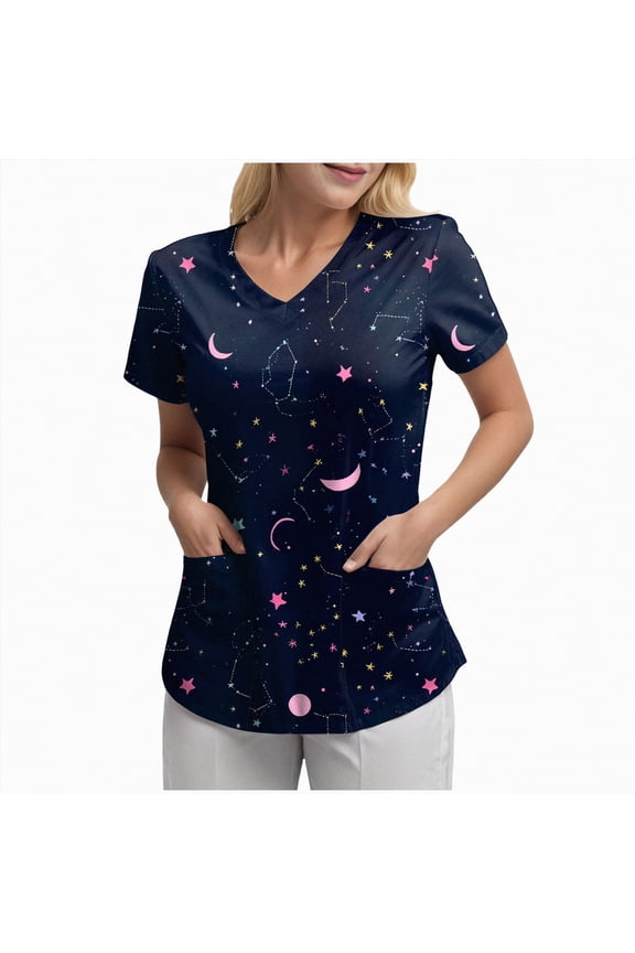 Scrubs for Women Print Tops Short Sleeve Cute Pattern V Neck Stretchy Nursing Uniform with Pockets(Dark Blue,XL)