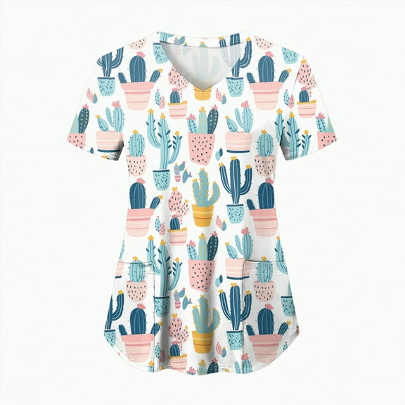 TOWED22 Scrubs for Women V Neck Short Sleeve Printed Tops Cartoon Pattern Plus Size Nursing with Pockets(Navy,L)