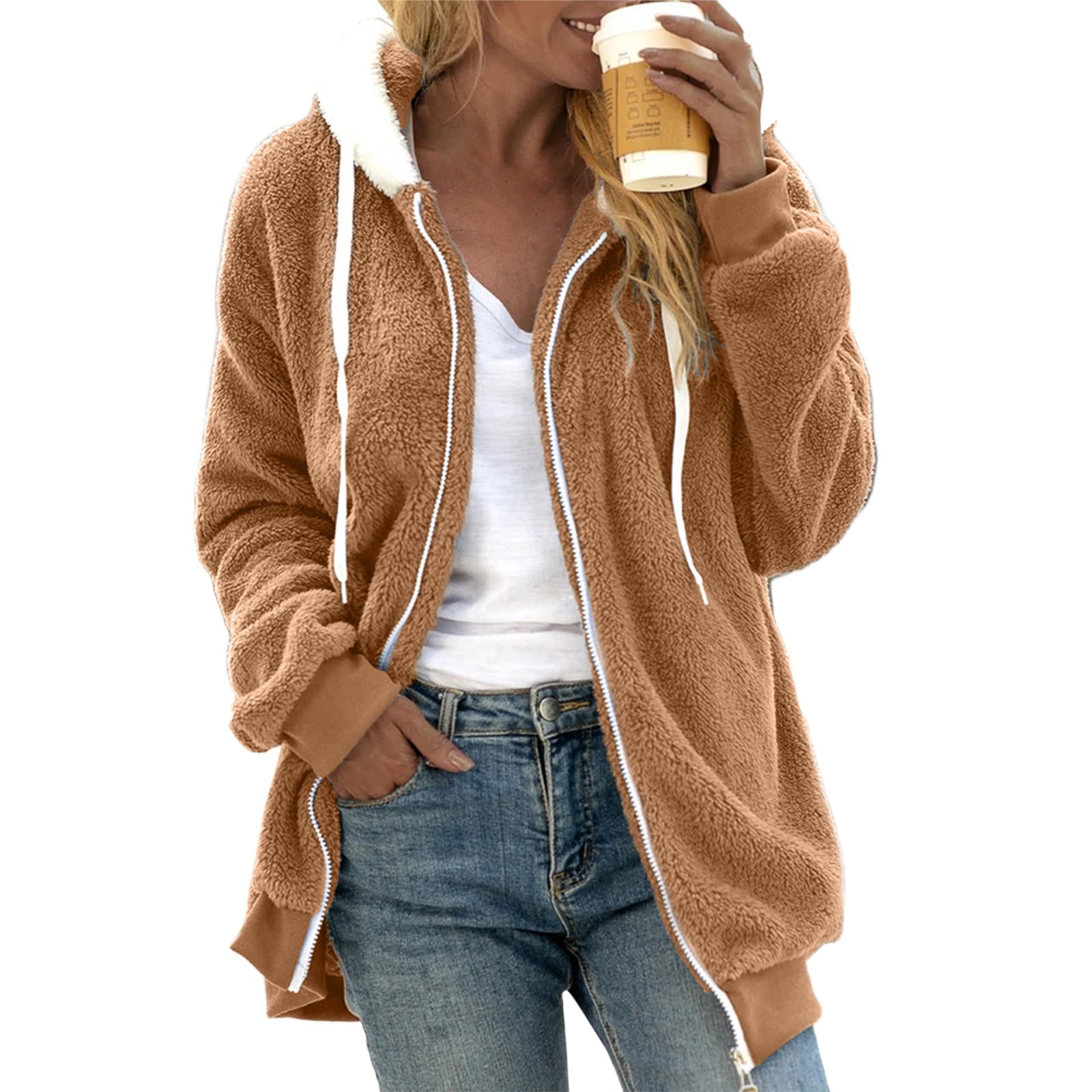 TOWED22 Sherpa Lined Jacket Women Winter Oversized Fuzzy Hooded Open