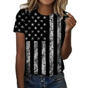 TOWED22 Shirts for Women American Flag Print Graphic T-Shirt USA Flag Stars Stripes Print Patriotic Shirt(Black,XL)