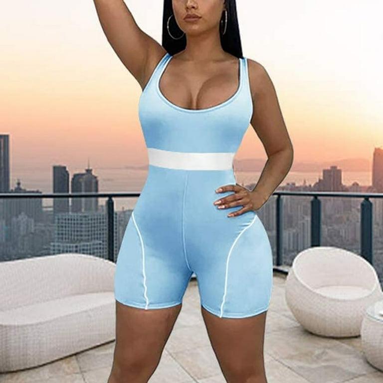 TOWED22 Short Sleeve Romper For Women,Women's Tie Front Shirred Frill Trim  Sleeveless Wide Leg Cami Jumpsuit Light Blue,M