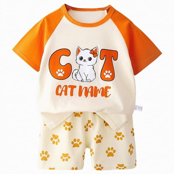 TOWED22 Shorts Set for Toddler Kids Infant Girls Boys 2 Piece Shirt and Shorts Set Cute Print Short Sleeve Tee Elastic Waist Outfits Clothes(Orange,2-3 Y)