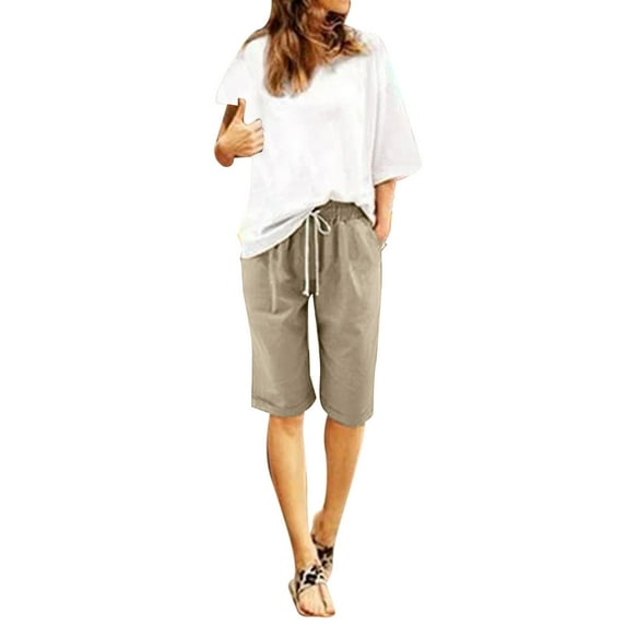 TOWED22 Shorts for Women Casual Summer Elastic Waist Knee Length Loose Plus Size Lounge Bermuda Shorts with Drawstring Pockets(Khaki,XL)