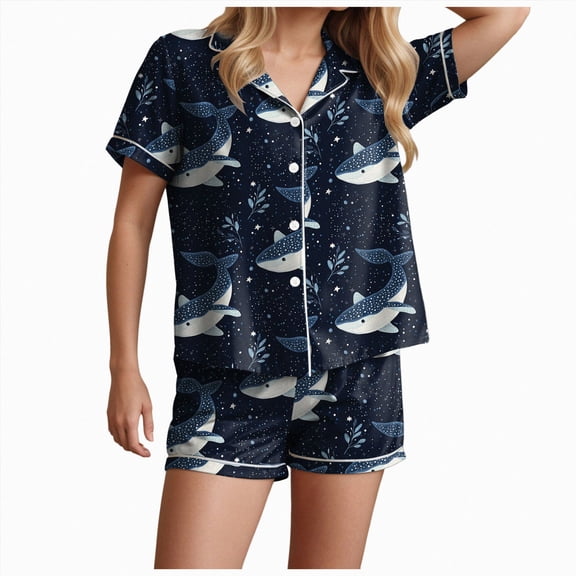 TOWED22 Silk Pajamas for Women Short Sleeve Sleepwear Soft Button Down Loungewear 2 Piece Satin Pjs Shorts Set(Dark Blue,S)