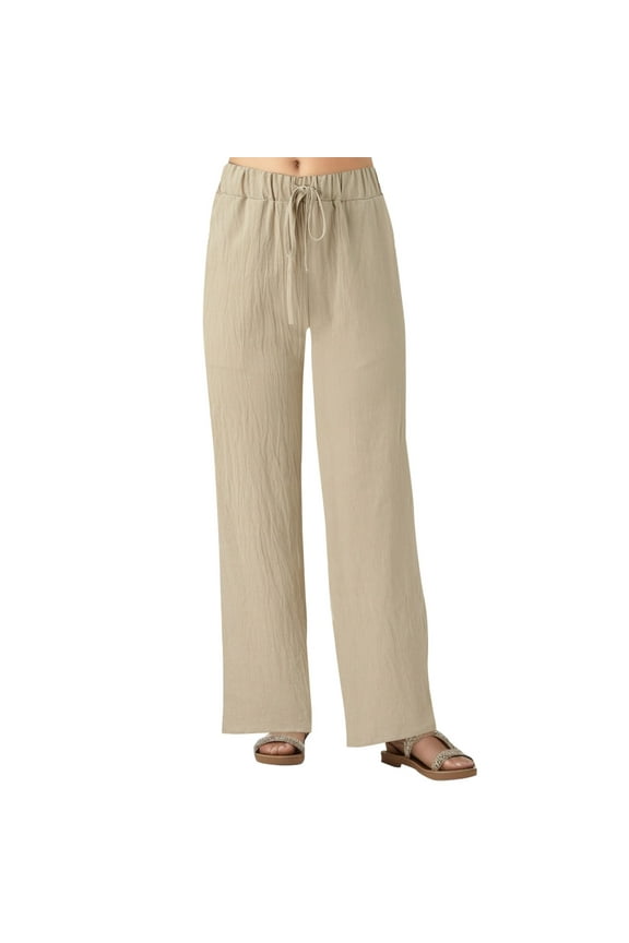 Summer Capri Pants for Women, Women's Cotton Linen Button Cropped Pants Ankle Soild Color Trousers with Pockets(Khaki,XXL)