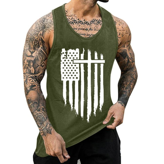 TOWED22 Tank Tops Men Male Summer American Flag Striped Print Round Neck Sleeveless Vest Blouse(Army Green,XL)