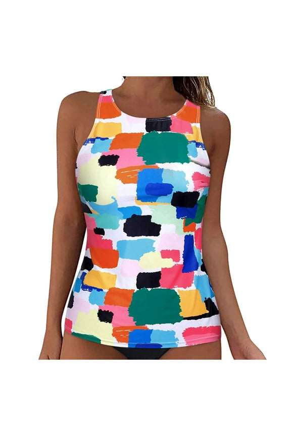 High Neck Tankini Top Bathing Suit Tops for Women Slim Fit Tummy Control Tank Tops Swimsuits(Pink,M)