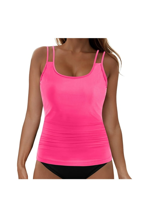 Tankini Tops for Women Tummy Control Bathing Suits Top U Neck Swimwear Tops No Bottom(Hot Pink,XXL)
