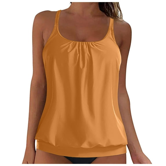 TOWED22 Tankini Tops for Women U Neck Swim Top Tummy Control Bathing Suit Top Modest Swim Tank Top No Bottom(Khaki,L)